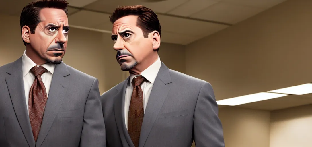 Image similar to a very high resolution image of tony stark and micheal scott. from an episode of the office. photorealistic, photography