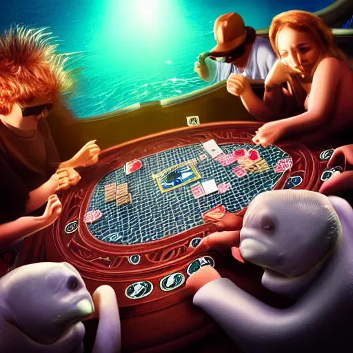 Prompt: deep ocean creatures playing poker soft lighting, realistic, 8 k photography