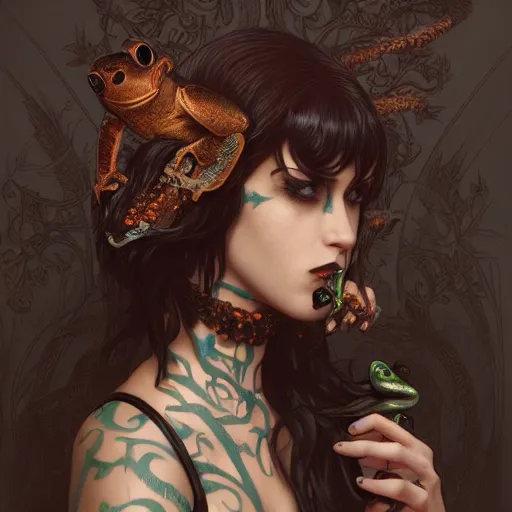 Image similar to attractive goth woman with a frog, intricate, highly detailed, digital painting, artstation, concept art, smooth, sharp focus, illustration, unreal engine 5, 8 k, art by artgerm and greg rutkowski and alphonse mucha