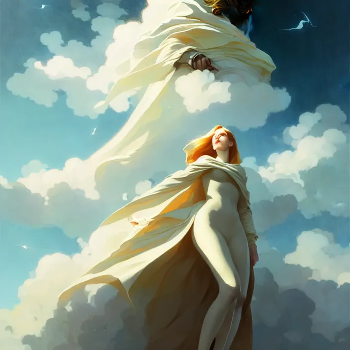 Prompt: style artgerm, joshua middleton, jeremy lipking, soft castle in the sky white with gold, majestic spires, clouds swirling, detailed, sky setting, volumetric lighting