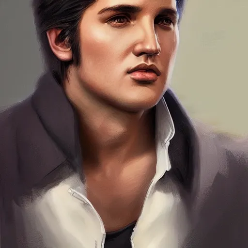 Image similar to young elvis presley dressed in 2 0 2 2, modern clothing, nashville, tennessee, portrait, highly detailed, digital painting, artstation, concept art, sharp focus, illustration, cinematic lighting, art by artgerm and greg rutkowski and alphonse mucha