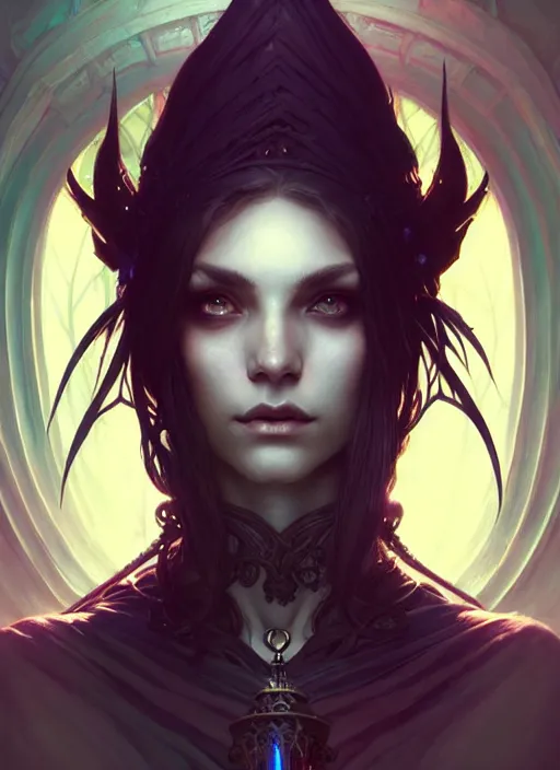 Image similar to Necromancer Sorceress, fantasy magic, undercut hairstyle, dark light night, intricate, elegant, sharp focus, illustration, highly detailed, digital painting, concept art, matte, art by WLOP and Artgerm and Greg Rutkowski and Alphonse Mucha, masterpiece