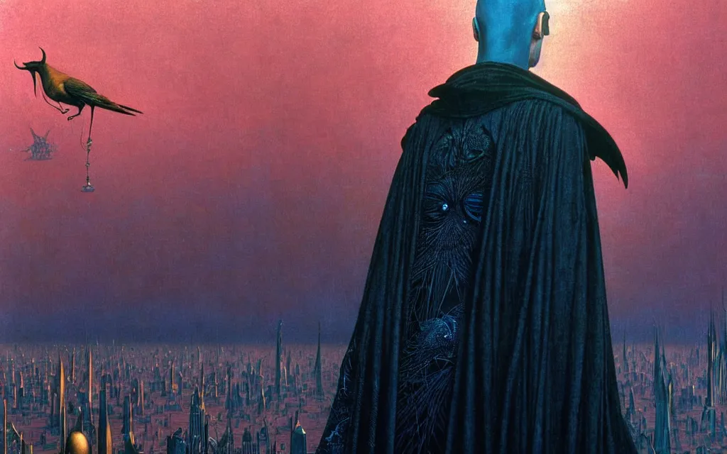 Prompt: realistic detailed portrait movie shot of a birdman wearing dark robes, futuristic city sunset landscape background by denis villeneuve, amano, yves tanguy, alphonse mucha, ernst haeckel, max ernst, roger dean, rich moody colours