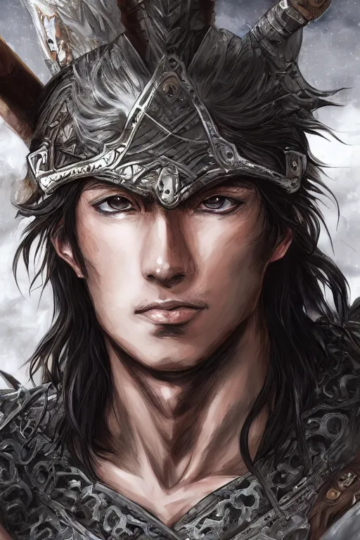 Image similar to A realistic anime portrait of a young handsome male barbarian with long wild hair, intricate fantasy spear, plated armor, D&D, dungeons and dragons, tabletop role playing game, rpg, jrpg, digital painting, by Yoshitaka Amano and Ayami Kojima and Akihiko Yoshida, digtial painting, trending on ArtStation, SFW version