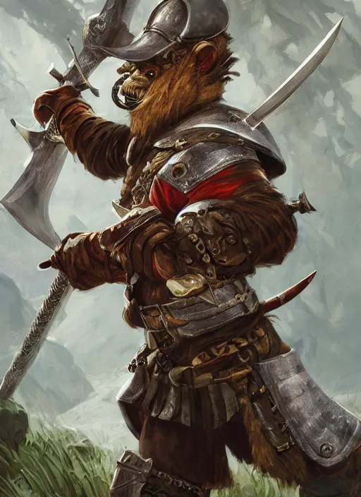 Image similar to photorealistic bugbear ranger holding sword on fire, magic, black beard, dungeons and dragons, pathfinder, roleplaying game art, hunters gear, jeweled ornate leather and steel armour, concept art, character design on white background, by sargent, norman rockwell, makoto shinkai, kim jung giu, artstation trending, poster art, colours red