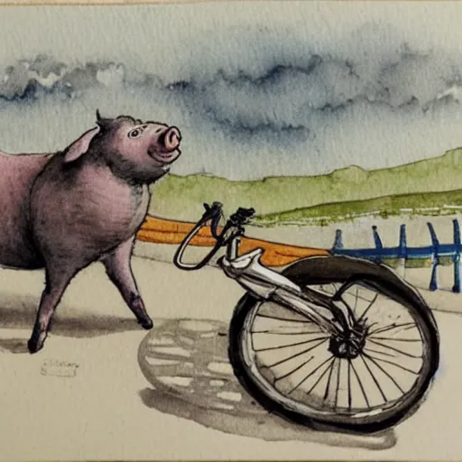 Image similar to a pig riding a bicycle on the road by the seaport,detailed watercolor pen ink illustraion by Hugo Prades