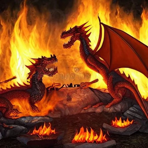 Image similar to dragons roasting kebabs near campfire, fire, magic, power metal album cover, fantasy epic legends game icon stylized digital illustration radiating a glowing aura global illumination ray tracing hdr fanart arstation by ian pesty and katarzyna da „ bek - chmiel