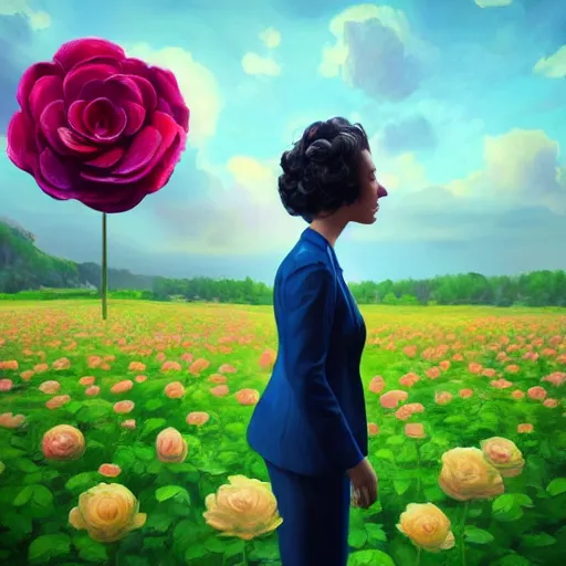 Image similar to closeup, giant rose flower head, frontal, girl in a suit, surreal photography, sunrise, blue sky, dramatic light, impressionist painting, digital painting, artstation, simon stalenhag