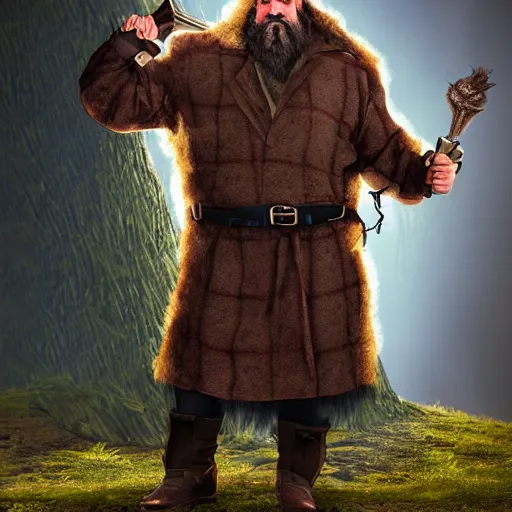 Image similar to fantasy middle - aged burly lumberjack with a beard, dungeons and dragons, realistic, dark hair, wearing a fur coat, high quality matte painting