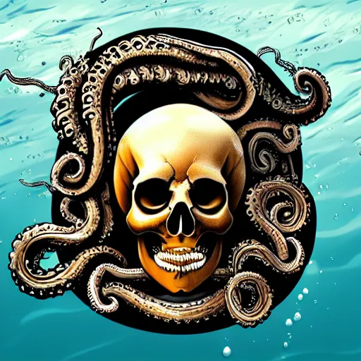 Prompt: skull of a pirate with tentacles protruding out at the bottom of the ocean photo realistic