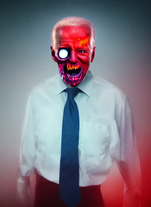 Image similar to hyper realistic ultra realistic horror terror dimensional photo furious glowing red eyes biden, high quality photo, detailed , 8k