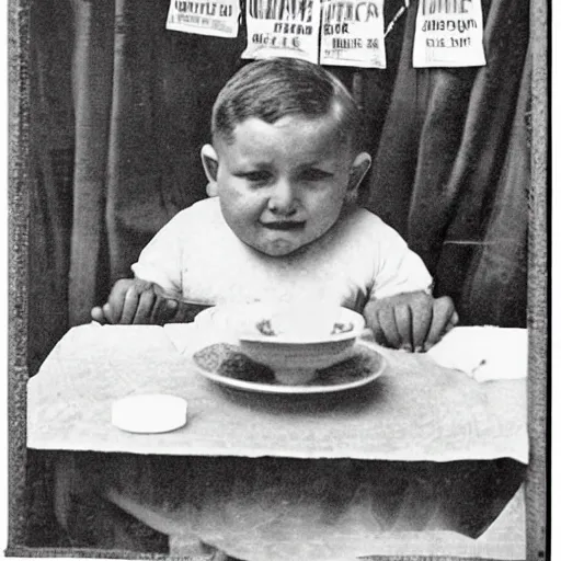 Prompt: poster from 1 9 2 8 of a chunky boy age 8 sitting by a table eating butter