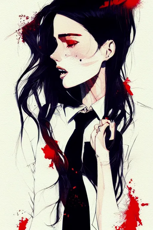 Image similar to a ultradetailed beautiful panting of a stylish woman wearing a shirt with a tie, she has black hair, by conrad roset, greg rutkowski and makoto shinkai, trending on artstation