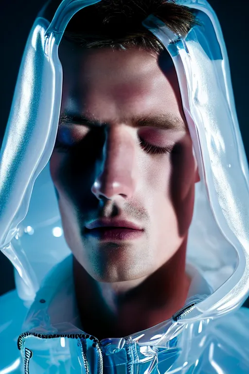 Image similar to an ultra high definition professional high fashion portrait studio full length photograph of a male model sleeping wearing a transparent pearlescent raincoat and neon visor in an icelandic black rock environment at dawn. no artefacts. extremely detailed. stark. refraction. shallow depth of field. volumetric light and shadow. ray tracing. light rays.