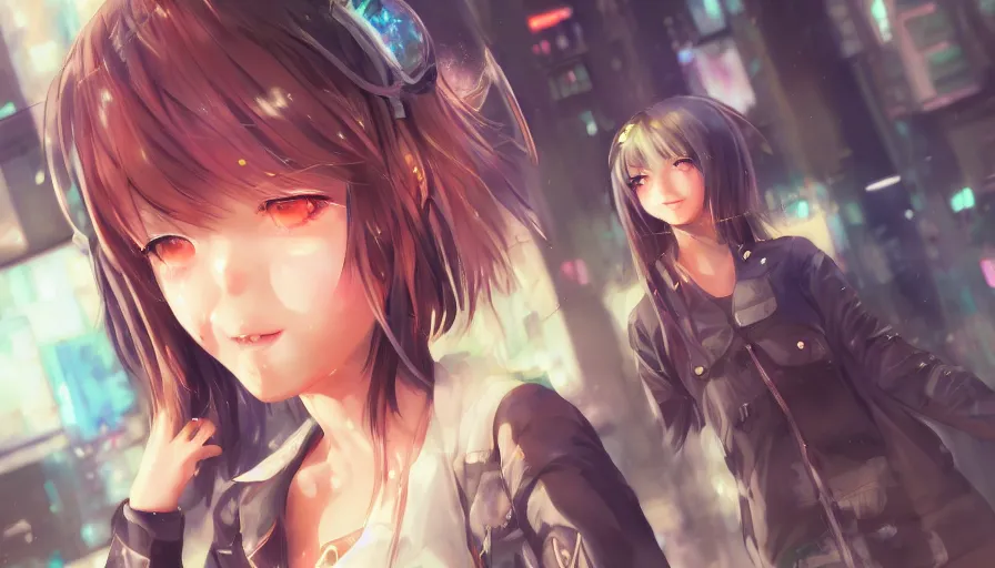 Image similar to cute anime girl in a cyberpunk city by wlop, detailed eyes, heterochromia, bright eyes, closeup, happy expression, laughing, short minidress, light clothing, posing, light rain, hyper real, detailed digital art, idol, photorealistic, trending on art station