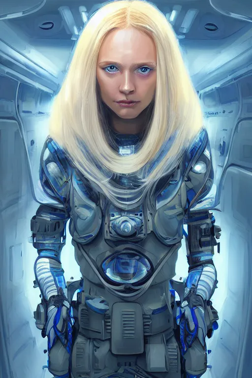 Image similar to portrait futuristic beautiful northern europe Airforce armored pilot Girl, long blonde hair, blue eyes, at inside of future fighter aircraft, ssci-fi, fantasy, intricate, very very beautiful, elegant, human anatomy, neon light, highly detailed, digital painting, artstation, concept art, soft light, smooth, sharp focus, illustration, art by tian zi and WLOP and alphonse mucha