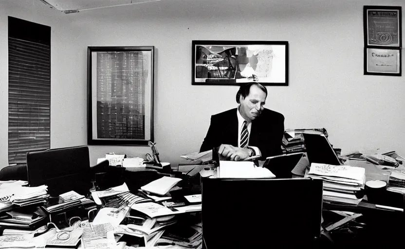 Image similar to photorealistic picture of wall street banker in his office. 8 0's style