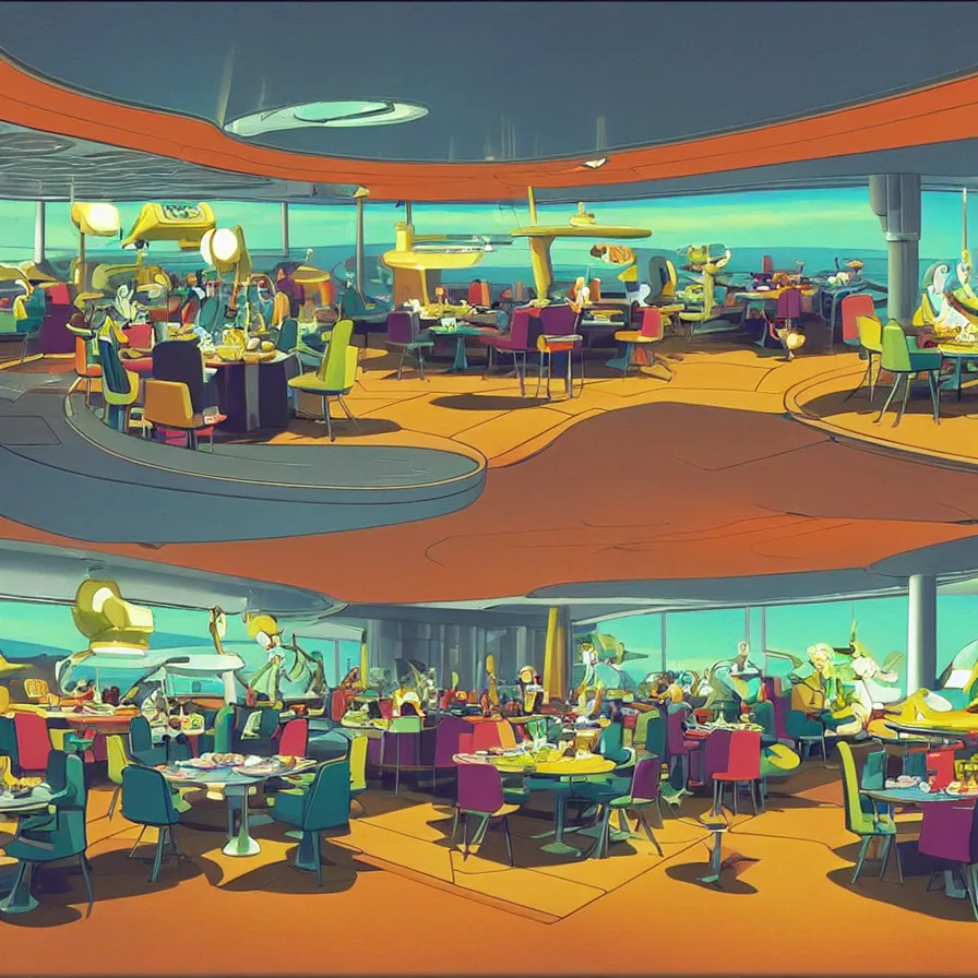 Image similar to concept art of jetsons cartoon indoor big dinning room, painted by tim white