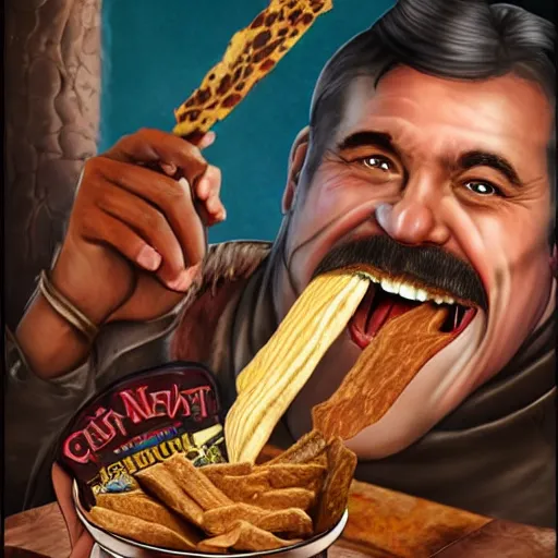 Image similar to Fantasy portrait of a big human fighter eating beef jerky who either looks really good for a 70 year old man or really bad for a 50 year old man