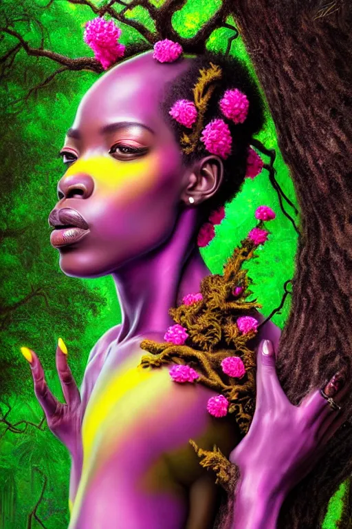 Image similar to high quality photo neo - rococo cinematic super expressive! yoruba goddess with exoskeleton armor, merging with tree in a forest, pink yellow flowers, highly detailed digital art masterpiece, smooth etienne sandorfi eric zener dramatic pearlescent soft teal light, ground angle hd 8 k, sharp focus