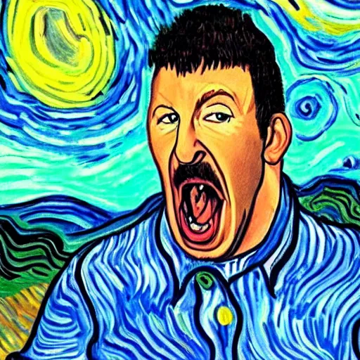 Prompt: portrait of adam sandler screaming at a giant hamburger. painting by vincent van gogh, oil on canvas, rich deep colors.