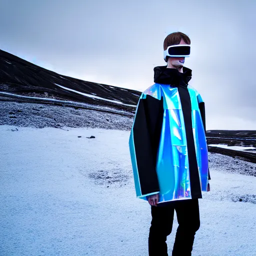 Image similar to an ultra high definition professional studio quality photograph of an artificially intelligent cyberpunk vr influencer wearing a transparent iridescent pastel coloured face visor and matching raincoat on white coat hook in a sheer icelandic black rock environment. dramatic lighting. volumetric shadows. light rays