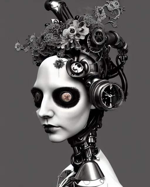 Prompt: black and white dreamy foggy smoky profile face portrait, one silver steampunk realistic eye biomechanical beautiful young female cyclope - cyborg - robot bust, body ribs meshes,, volumetric light, hibiscus flowers, by hg giger, rim light, by dora maar and cecile beaton, big gothic fashion pearl embroidered collar, 8 k