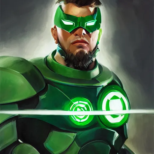 Image similar to greg manchess portrait painting of armored green lantern as overwatch character, medium shot, asymmetrical, profile picture, organic painting, sunny day, matte painting, bold shapes, hard edges, street art, trending on artstation, by huang guangjian and gil elvgren and sachin teng