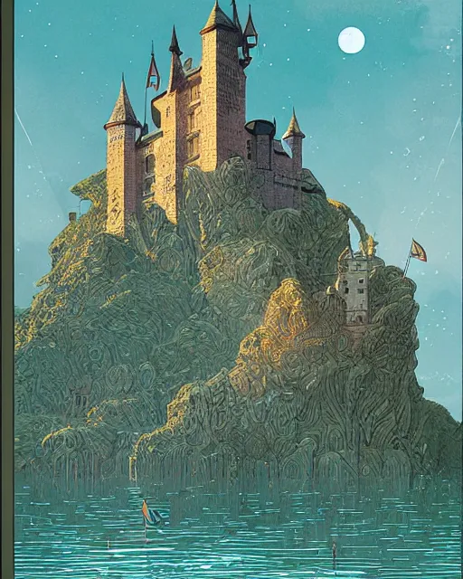 Image similar to a castle on the water, digital art, illustrated by james gurney and victo ngai