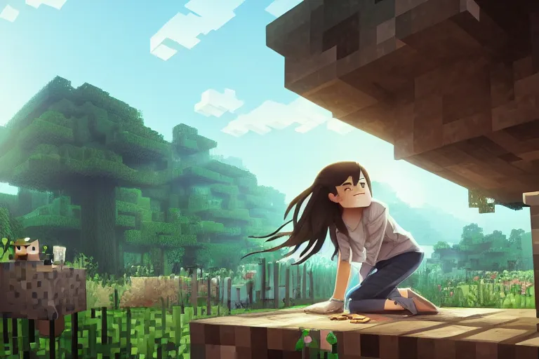 Image similar to minecraft girlfriend building a house, scenic full shot, ambient lighting, detailed face, by makoto shinkai, stanley artgerm lau, wlop, rossdraws