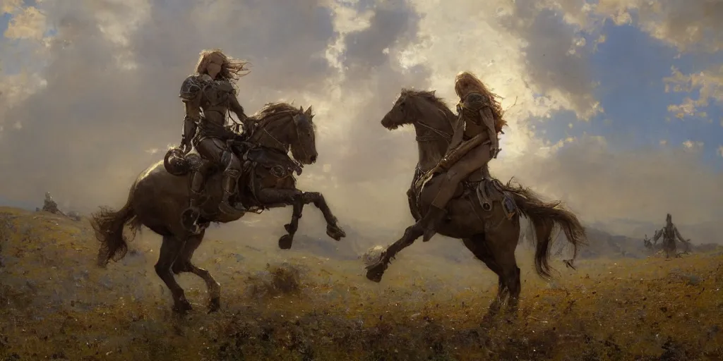 Image similar to full body girl armor and metal horse landscape of meadow by gaston bussiere, anna nikonova aka newmilky, greg rutkowski, yoji shinkawa, yoshitaka amano, tsutomu niehi, donato giancola, geoffroy thoorens, trending on artstation, featured on pixiv, cinematic composition, 8 k