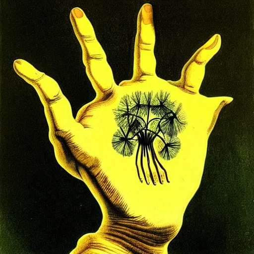 Prompt: a hand with dandelions growing out of it, by salvador dali