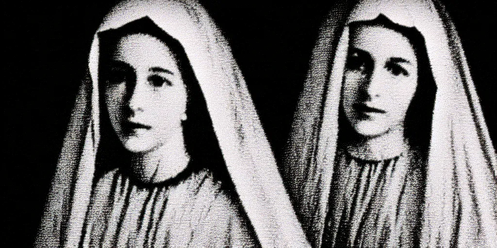 Image similar to vhs static overlay of marian apparition, vhs, 1 9 9 0, highly realistic, highly detailed, vhs noise static, black and white, vhs glitch