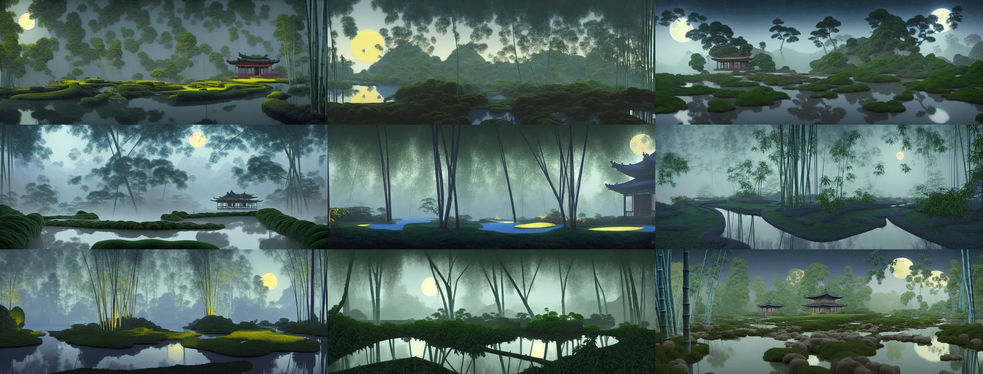 Prompt: a gorgeous landscape painting by barlowe wayne maxfield parrish and marco mazzoni. farmhouse under bamboo forest. chinese temple. drak blue night sky. just one winter moon!! wet winding steps. ultra clear detailed. 3 d, octane render. river. fog. 8 k