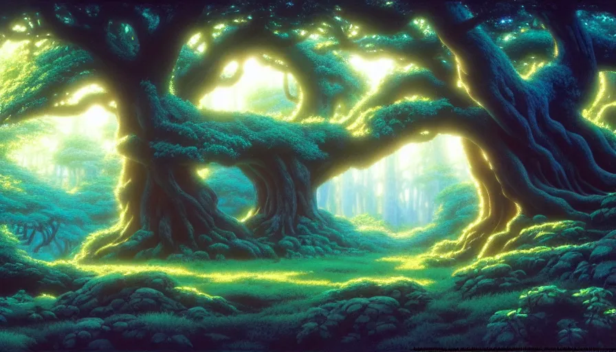 Prompt: a geant oak tree in a forest of ori and the will of the wisps, studio ghibli, painted by tim hildebrandt, michael whelan, background environment. 8 k