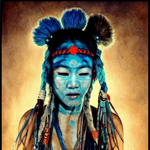 Image similar to A young blindfolded shaman japanese woman with a decorated headband performing a pagan ritual, in the style of heilung, blue hair dreadlocks and wood on her head, tribal piercing and tatoos , atmospheric lighting, intricate detail, cgsociety, ambient light, dynamic lighting, art by karol bak