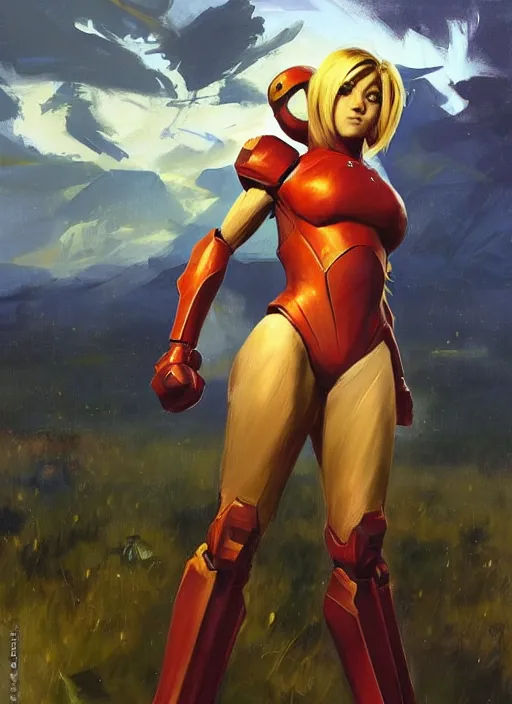 Image similar to Greg Manchess painting of Samus from Metroid Prime, countryside, calm, fantasy character portrait, dynamic pose, above view, sunny day, thunder clouds in the sky, artwork by Jeremy Lipkin and Giuseppe Dangelico Pino and Michael Garmash and Rob Rey, very coherent asymmetrical artwork, sharp edges, perfect face, simple form, 100mm