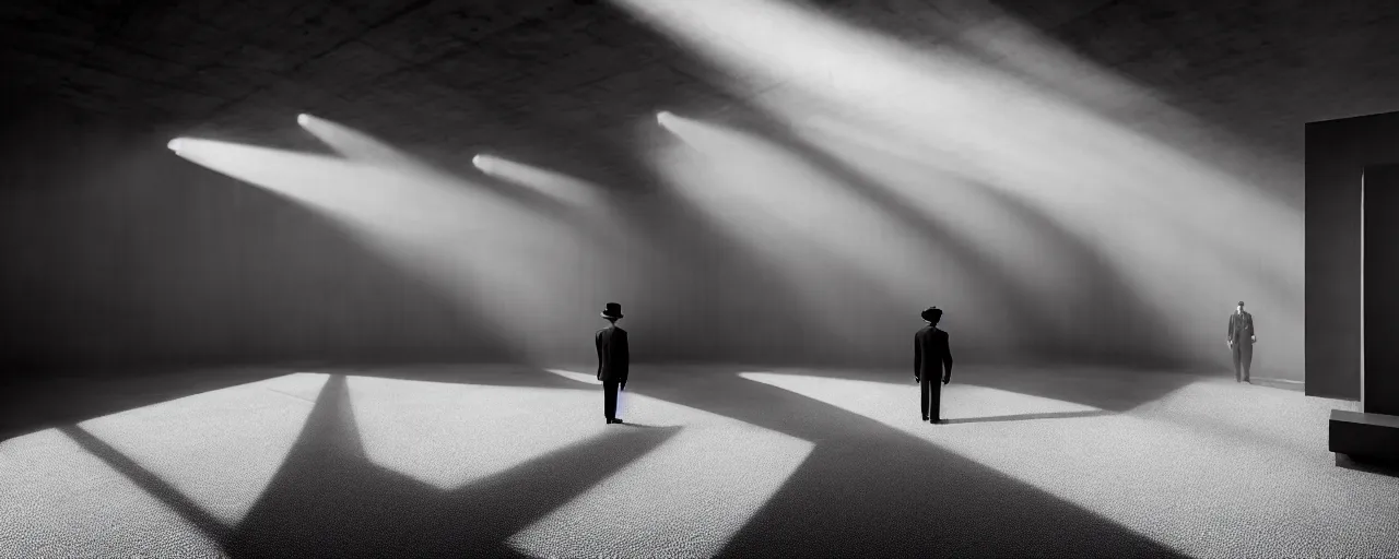 Prompt: Hyper realistic photo of a interior brutalist museum, with alone man with suit and hat in the distance, sun rays at sunset, hard shadows, fog, Hyper realistic film photography by Yohji Yamamoto, Zeiss 18mm f2.8, Hasselblad, insanely detailed, sharp focus