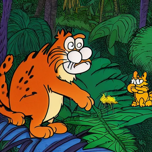 Prompt: Garfield and odie in the jungle, by Jim Davis
