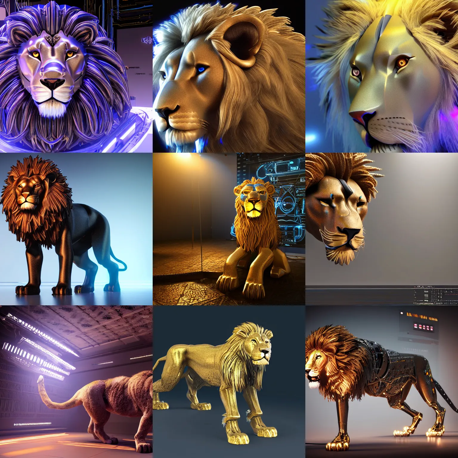 Prompt: a cybertronic lion, full body, studio lighting, digital art, led lights, highly intricate, extremely detailed, crisp quality and light reflections, unreal engine 5 quality render