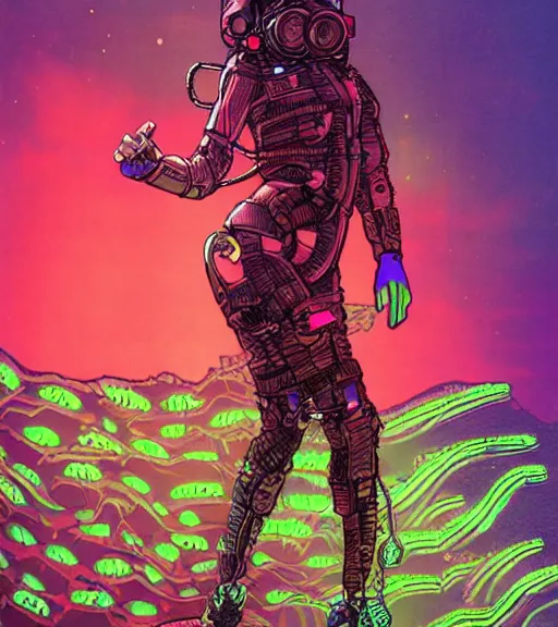 Image similar to a cyberpunk diver Polynesian woman swims through a dark bioluminescent alien coral reef, techwear, Industrial Scifi, detailed illustration, character portrait, by Martin Grip and Moebius