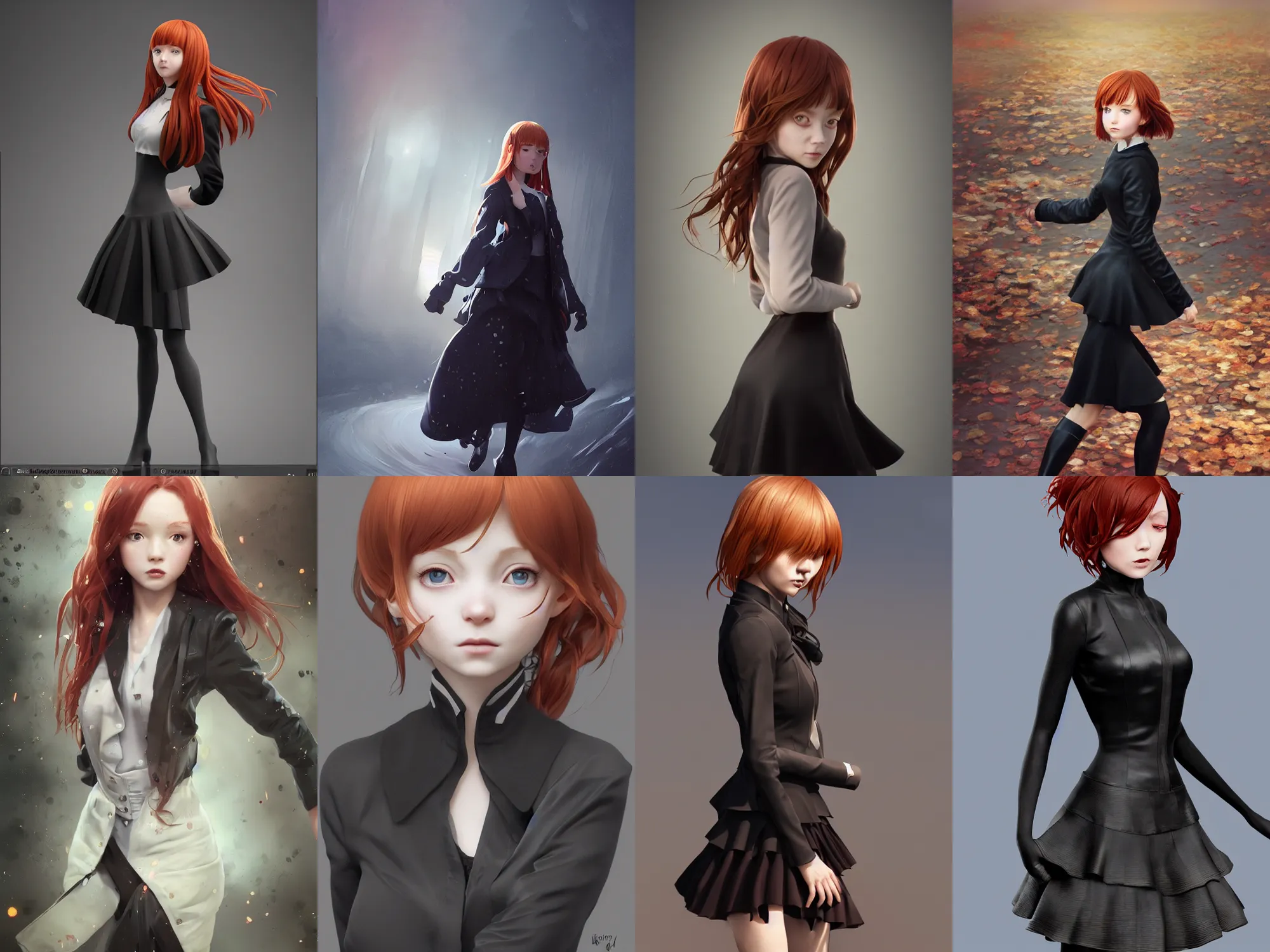 Prompt: Very complcated dynamic composition, realistic semirealistic style at Pixiv, Zbrush sculpt colored, Octane render in Maya and Houdini VFX, young redhead girl in motion, wearing jacket and skirt, black silky hair, black stunning deep eyes. By ilya kuvshinov, krenz cushart, Greg Rutkowski, trending on artstation. Amazing textured brush strokes. Cinematic dramatic soft volumetric studio lighting