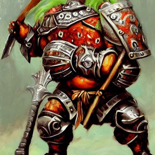 Image similar to ogre warrior wearing plated armor who is holding a battle axe in the style of warhammer fantasy : : head and torso oil painting