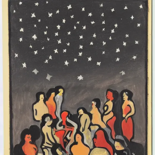 Prompt: hideous by kees van dongen kodachrome. drawing. a group of people gathered around a fire. they are all looking up at the night sky, where a bright star is shining