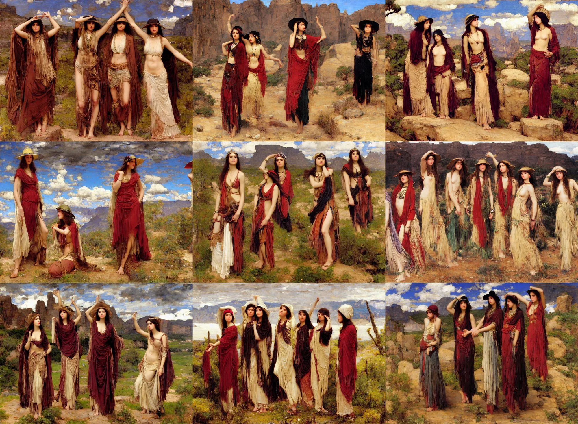 Prompt: portrait group of fashionable young womans wearing rich jewerly hat and boho poncho and bikini in nature mountains and desert, thunder clouds in the sky, artwork by john william waterhouse and Edwin Longsden Long and Theodore Ralli and Henryk Siemiradzki, levitation, simple form, brutal shapes