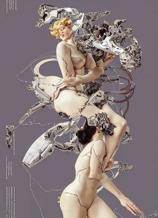 Image similar to stunning intricate render white veined marble simplified mechangel mecha demon falling angel Bernini pin-up cut cracked rock by Gil Elvgren, Katsuhiro Otomo, Greg Tocchini, Tomer Hanuka, Hiroshi yoshida, Alphonse Mucha, Kintsugi, trending artstation, hyperrealism, matte painting, very fine detail, 8k, rendered in Octane