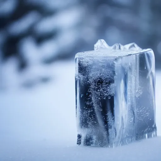 Prompt: close - up large clear ice block on snow in game of thrones, 4 k, epic, cinematic, focus, movie still, fantasy, extreme detail, atmospheric, dark colour, sharp focus