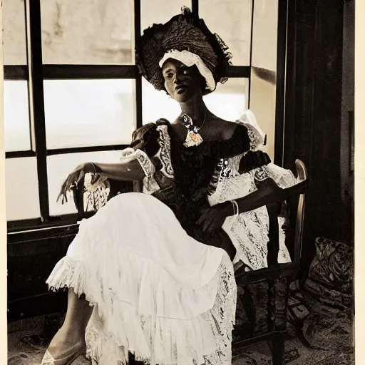 Image similar to fantasy, glow, shimmer, beautiful black victorian woman in a long white frilly lace dress and a large white hat, cow hoof feet, having tea in a sunroom