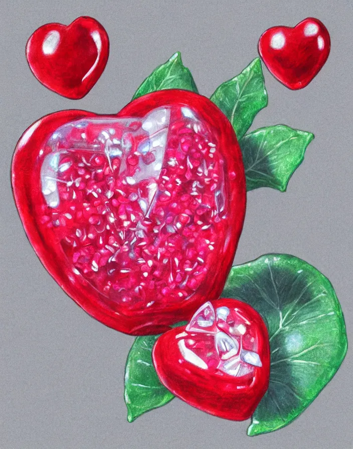 Image similar to transparent crystal gum gum fruit with a ruby shaped like a heart inside the devil fruit, spectacular quality, intricate oil pastel glow, dynamic lighting, photorealistic, ultra detailed, trending on art station