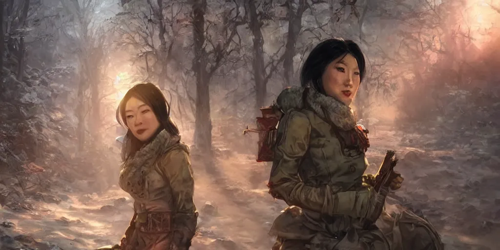 Image similar to fallout 5, charismatic beautiful rugged asian female protagonist, portrait, outdoors in forest, tori gate!!! and shinto shrine!!! in the background, atmospheric lighting, painted, intricate, volumetric lighting, daytime, winter, blizzard, sharp focus, ultra detailed, art by william turner and ross tran